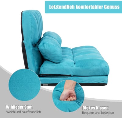 COSTWAY Lazy sofa met 2 kussens, slaapbank met 6 standen verstelbare rugleuning, inklapbaar, vloerbank voor slaapkamer, woonkamer en balkon (blauw)