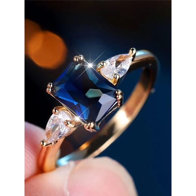 Bagues de Mariage Bagues de Fiançailles Tendance Carré Zircon Bleu Cristal Couleur Or Vintage Pour Femmes Bijoux 9