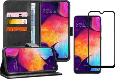 Hoesje geschikt voor Samsung A50 en Screenprotector - Book Case Kunstleer Wallet Zwart + Screen Protector Full