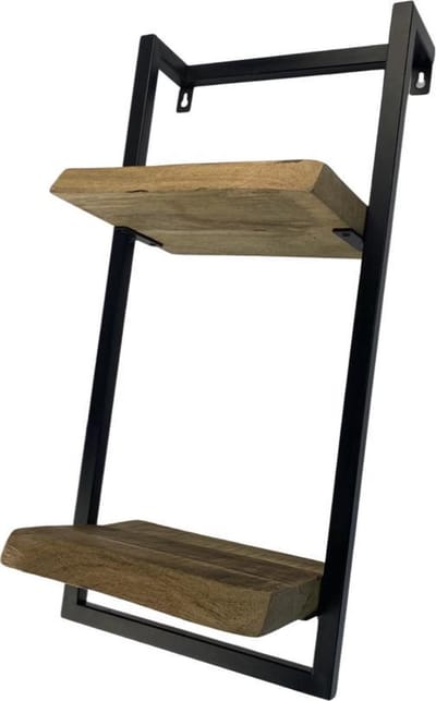 Wandrek | Zwevend wandrek hout metaal 2-laags van WDMT™ | 30 x 25 x 65 cm | Industriële wand decoratie vervaardigd uit hout en metaal | Bruin