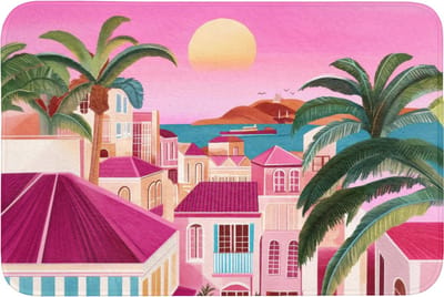 Badmat 90x60 cm - Antislip - Stad - Roze - Palmbomen - Badmatten voor badkamer - Badkamermat - Douchemat - Badkamer mat