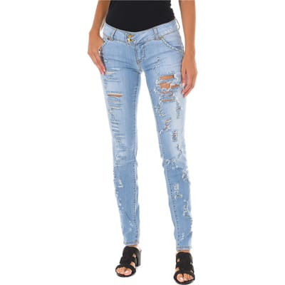 Lange denim broek versleten en gescheurd effect 10DBF0094 vrouw