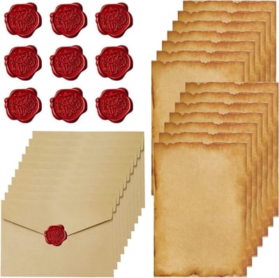 Vintage Briefpapier Set met 10 Enveloppen, 16 A5 Bladen en 10 Waszegels voor Bruiloften en Uitnodigingen