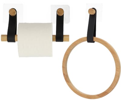 Tendance Badkamer set toiletrolhouder en handdoekhaak - zelfklevend - zwart - bamboe/kunstleer - zonder boren