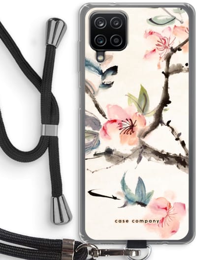 Case Company® - Hoesje met koord geschikt voor Samsung Galaxy A12 hoesje met Koord - Japanse bloemen - Telefoonhoesje met Zwart Koord - Bescherming aan alle Kanten en Over de Schermrand