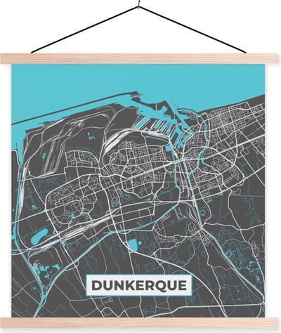Posterhanger incl. Poster 40x40 cm - Schoolplaat - Dunkerque - Frankrijk - Plattegrond - Stadskaart - Kaart - Textielposter - Blanke latten - Stadskaart