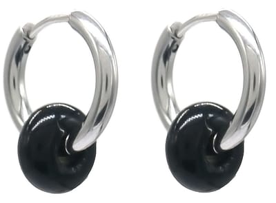 Oorringen met Steen - RVS - 16 mm - Zilverkleurig - Zwarte Steen