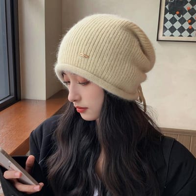 Pile de Bonnets pour Femmes Pull en Maille Bouclée Automne et Hiver Protection Oreilles Poil de Lapin Chapeau Chaud en Laine Montrant le Visage Petit Chapeau Anti-Froid One Size gray