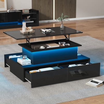 HAUSS SPOLE Salontafels - Hoogglans Salontafel Met LED Verlichting - 4 Lades Voor Opbergruimte - 90x55x41 cm - Spaanplaat - Zwart
