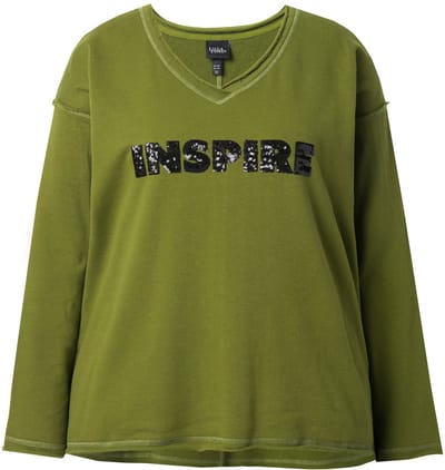 Ulla Popken - Dames - Sweatshirt paillet-letters V-hals lange mouwen - Dennengroen - Maat 46+