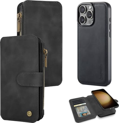 Casemania Hoesje Geschikt voor Apple iPhone 16 Pro - Charcoal Gray - 2 in 1 Magnetic Book Case met Rits