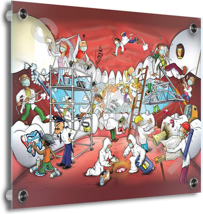 Tandarts Cartoon op plexiglas - Uniek ontwerp - Roland Hols - Tandwerkzaamheden - 40 x 40 cm - 5 mm dik - inclusief 4 afstandhouders chroom (zilverkleurig) - Decoratie - Orthodontist - Mondhygiënist