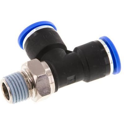 10mm x R1/4'' rechte hoek T-stuk Messing/PA 66 Insteekfitting Buitendraad Draaibaar NBR