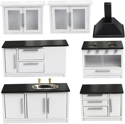 Miniatuur Houten Keuken Set voor Poppenhuis Schaal 1:12 - 7 Delen