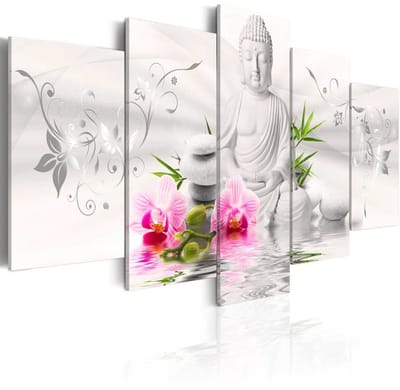 Schilderij - Witte Zen boeddha met orchideeën , 5 luik