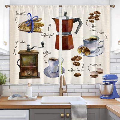 Lot de 2 superbes rideaux courts ou longs motif floral aquarelle, motif café, pour cuisine, chambre, café, salon, décoration d'intérieur W60H60(CM)x2pcs&Rod Pocket