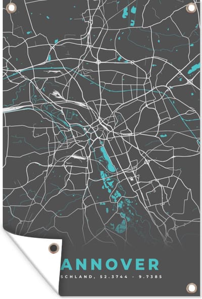Muurdecoratie Blauw – Duitsland – Plattegrond – Stadskaart – Kaart – Hannover - 120x180 cm - Tuinposter - Tuindoek