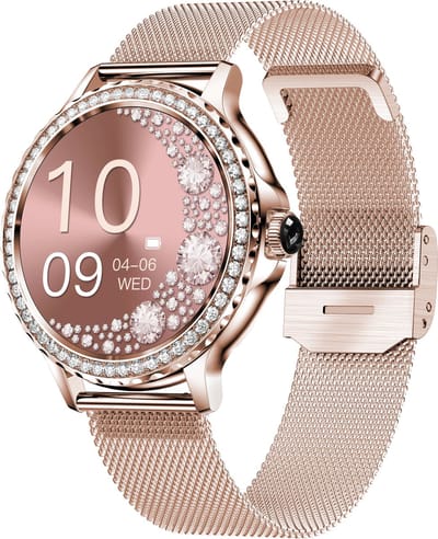 Knobbout Luxe Smartwatch voor Dames – Met Sprankelende Kristallen-1.3" Scherm IPS HD Touchscreen – Bluetooth 5.2 Bellen – Hartslag & Bloeddrukmeting – IP68 Waterdicht – Roségouden Roestvrijsta