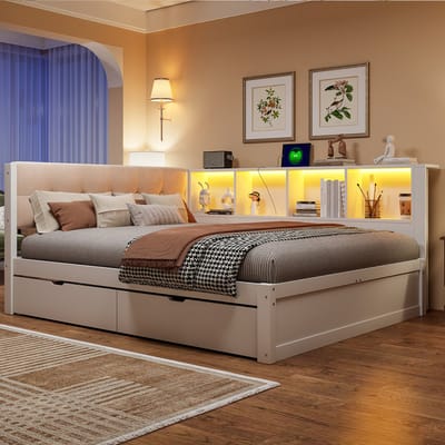 Slaapbank, Dagbed 140x200cm, Eenpersoonsbed (Zonder Matras), Met Lades, Met Dimbare Ledstrip, Met Praktische Plank, Met USB-Poort, Grenenhout