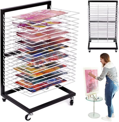 Dailygoods - Klein Hangend Kunst Droogrek met 19 Uitneembare Schappen - Mobiele Droogtoren voor Klaslokalen