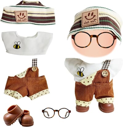 Doll kledingset voor 17 cm pluche poppen, inclusief T-shirt, bretels, haarband, bril en schoenen voor creatief spelen