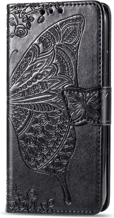 Hoesje geschikt voor iPhone 16 Plus - Bookcase - Pasjeshouder - Portemonnee - Vlinderpatroon - Kunstleer - Zwart