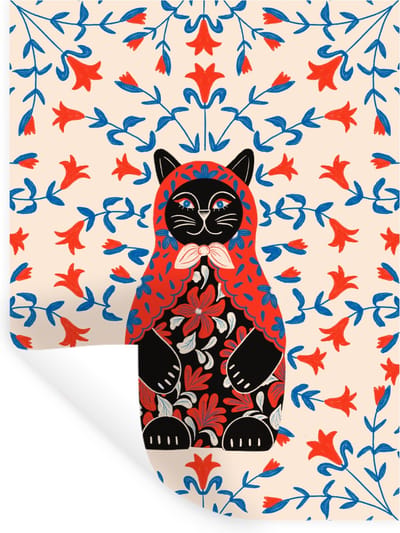 Muurstickers - Sticker Folie - Matroesjka - Bloemen - Kat - 30x40 cm - Plakfolie - Muurstickers Kinderkamer - Zelfklevend Behang - Zelfklevend behangpapier - Stickerfolie