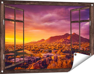 Gards Tuinposter Doorkijk Woestijn Landschap met Zonsondergang - 90x60 cm - Tuindoek - Tuindecoratie - Wanddecoratie buiten - Tuinschilderij