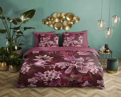 Descanso dekbedovertrek bloemen - 2 persoons 200x200/220 cm - Bordeaux - 100% Katoen satijn