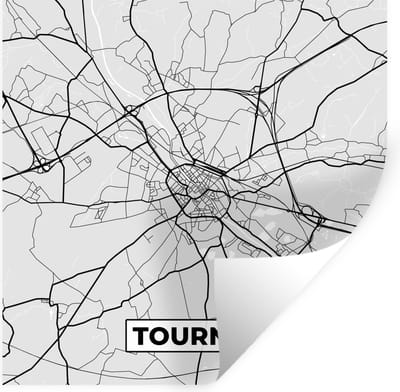 Muurstickers - Sticker Folie - Zwart Wit – België – Plattegrond – Stadskaart – Kaart – Tournai - 100x100 cm - Plakfolie - Muurstickers Kinderkamer - Zelfklevend Behang XXL - Zelfklevend behangpapier - Stickerfolie