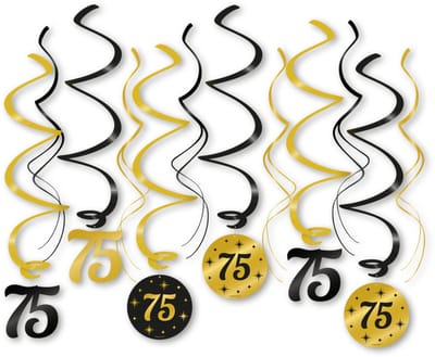 LUQ – Swirls 75 Jaar – Zwart-Goud – Luxe Hangdecoratie – 75 Bold & Beautiful – Birthday Slingers Versiering – 12 Stuks