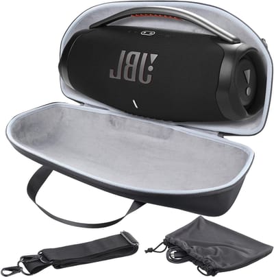 Draagbare Hard Case met Mini Accessoire Pouch en Schouderband voor Bluetooth Speaker, Zwart met Grijze Binnenkant, Modern Ontwerp en Bescherming