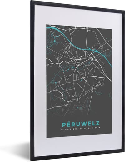 Fotolijst incl. Poster - Stadskaart – Grijs - Kaart – Péruwelz – België – Plattegrond - 40x60 cm - Posterlijst