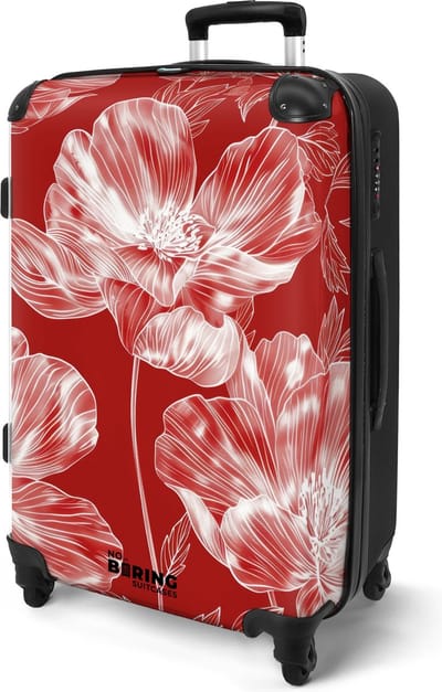 NoBoringSuitcases.com® - Koffer groot vrouwen - Rode rolkoffer lichtgewicht - Witte bloemen - Reiskoffer met 4 wielen - Bagagekoffer vakantie - Grote valies trolley XL - 20 kg bagage - Travel suitcase medium
