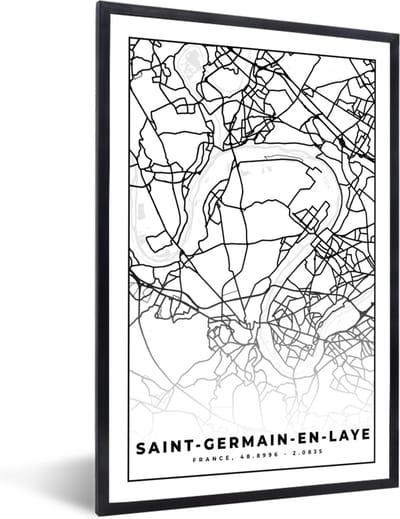 Fotolijst incl. Poster Zwart Wit- Kaart – Plattegrond – Frankrijk – Saint-Germain-en-Laye - Stadskaart - Zwart wit - 40x60 cm - Posterlijst