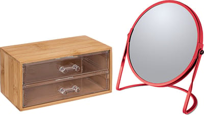 5Five Make-up organizer en spiegel set - 2 lades - bamboe/kunststof - 5x zoom spiegel
