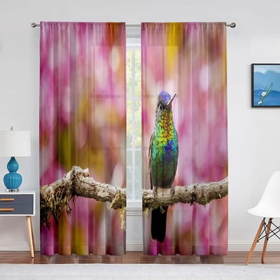 Schattige Blauwe Vogel op Boomtak Tule in Doorzichtige Gordijnen voor Woonkamer Slaapkamer Keuken Raambekleding Chiffon Gordijn Jaloezieën 1 PCS W100XH250cm&Grommet Top
