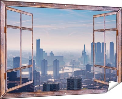 Gards Tuinposter Doorkijk Rotterdamse Skyline - 180x120 cm - Tuindoek - Tuindecoratie - Wanddecoratie buiten - Tuinschilderij