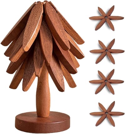 Ynkkvre - Set onderzetters in de vorm van een boom - hittebestendige houten matjes - 4 onderzetters + 1 standaard - opvouwbare houten onderzetters - geschikt voor in de keuken - voor hete gerechten, pannen, kommen, theepotten, enz.