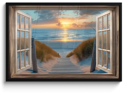 Poster in lijst - Fotolijst 90x60 cm - Posters - Doorkijk - Strand - Pad - Zonsondergang - Posterlijst zwart - Decoratie - Wanddecoratie woonkamer - Muurdecoratie slaapkamer