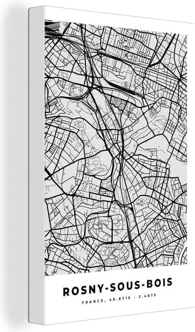 Canvas Schilderij Rosny-sous-Bois - Plattegrond - Frankrijk - Kaart - Stadskaart - 20x30 cm - Wanddecoratie