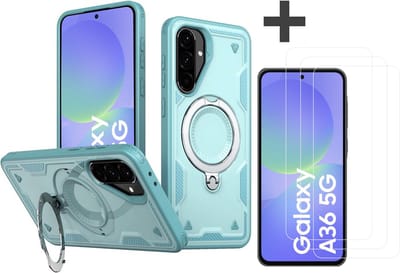 Hoesje Geschikt voor Samsung Galaxy A36 met 3 Stuks gehard glas Screenprotectors - Armor hoes met Ringhouder - Arara backcover - Lake Blauw