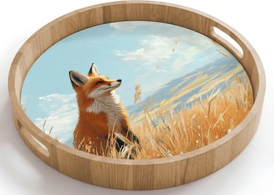 Dienblad rond 40x40 cm - Schootdienblad hout - Vos - Gras - Wolken - Oranje - Borrelplank rechthoek - Plateau houten dienbladen