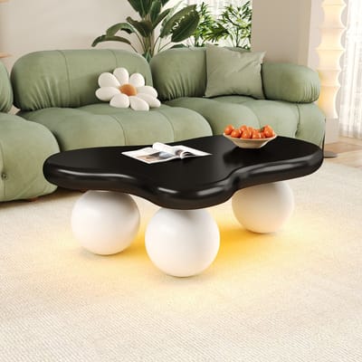 DESMIU Salontafel - Wolkvormig Design Met LED Verlichting En Ronde Poten - Voor Woonkamer, Kinderkamer En Thuiswerkplek - MDF - Zwart Wit - 95x62,5x32 Cm