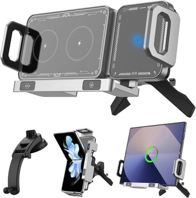 Autotelefoonhouder voor Samsung Galaxy Z Fold 7/6/5/4, 90° draaibaar met draadloos opladen, 2-in-1 ventilatie & dashboard autohouder voor iPhone Qi-smartphones