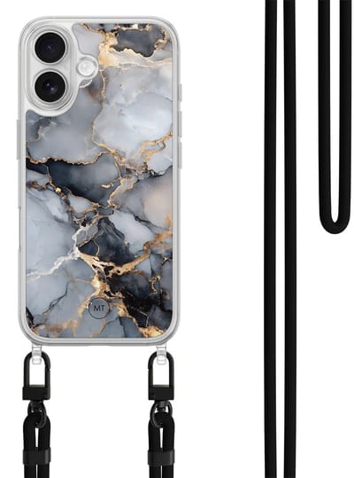 Hoesje met koord geschikt voor iPhone 16 - Marble mist - Inclusief zwart koord - Crossbody beschermhoes - Transparant, Grijs, Goud - Mooie Telefoonhoesjes