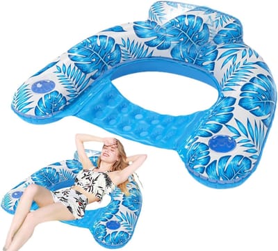 Opblaasbare zwembadfloats voor volwassenen, zwembadstoelen met drinkbakjes, opblaasbare floatstoel, hangmatnoedelmat met bladersontwerp voor ontspannen zomerwaterplezier, zwemfeest（bluaw）