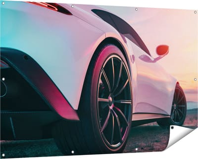 Gards Tuinposter Witte Sportwagen Auto - 150x100 cm - Tuindoek - Tuindecoratie - Wanddecoratie buiten - Tuinschilderij