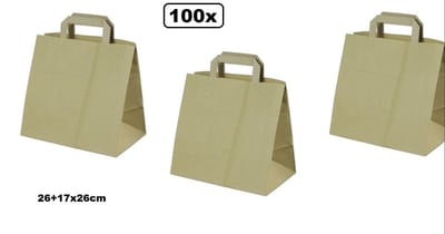 100x BIO Nature Kraft draagtassen 26+17x26cm bruin - tas snack maaltijd horeca detail