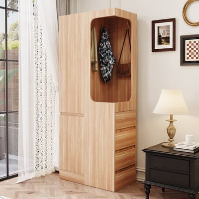 Kledingkast 70 x 40 x 170 cm - met lades en opbergruimte - open kledinggedeelte - enkele deur - houtkleur
